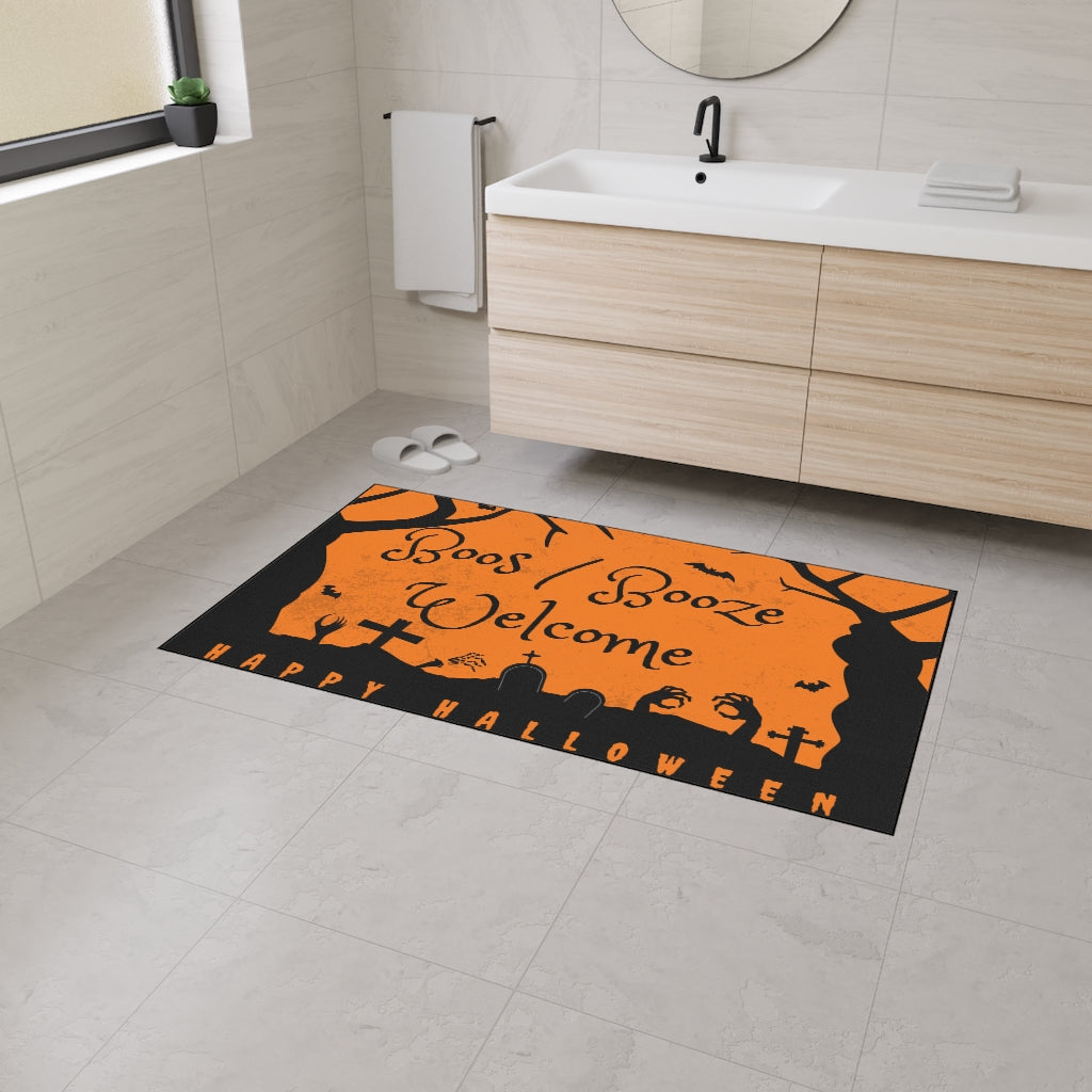 Boos/Booze Welcome Happy Halloween Door Mat - Orange Black Graveyard Scene Floor Mat