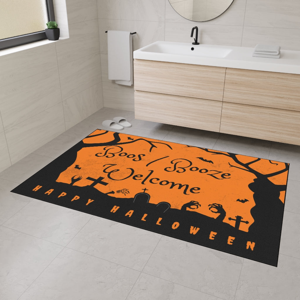 Boos/Booze Welcome Happy Halloween Door Mat - Orange Black Graveyard Scene Floor Mat