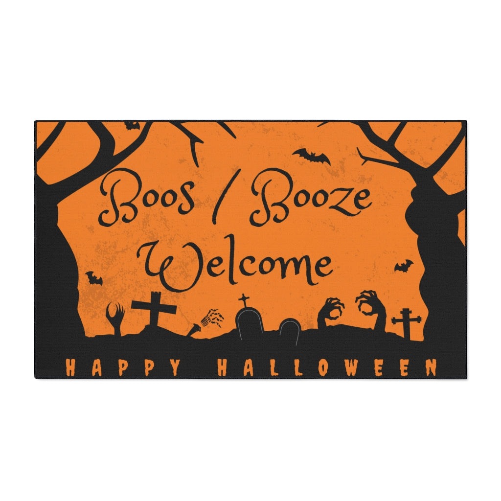 Boos/Booze Welcome Happy Halloween Door Mat - Orange Black Graveyard Scene Floor Mat