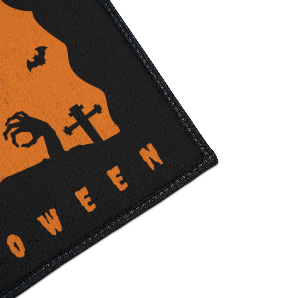 Boos/Booze Welcome Happy Halloween Door Mat - Orange Black Graveyard Scene Floor Mat