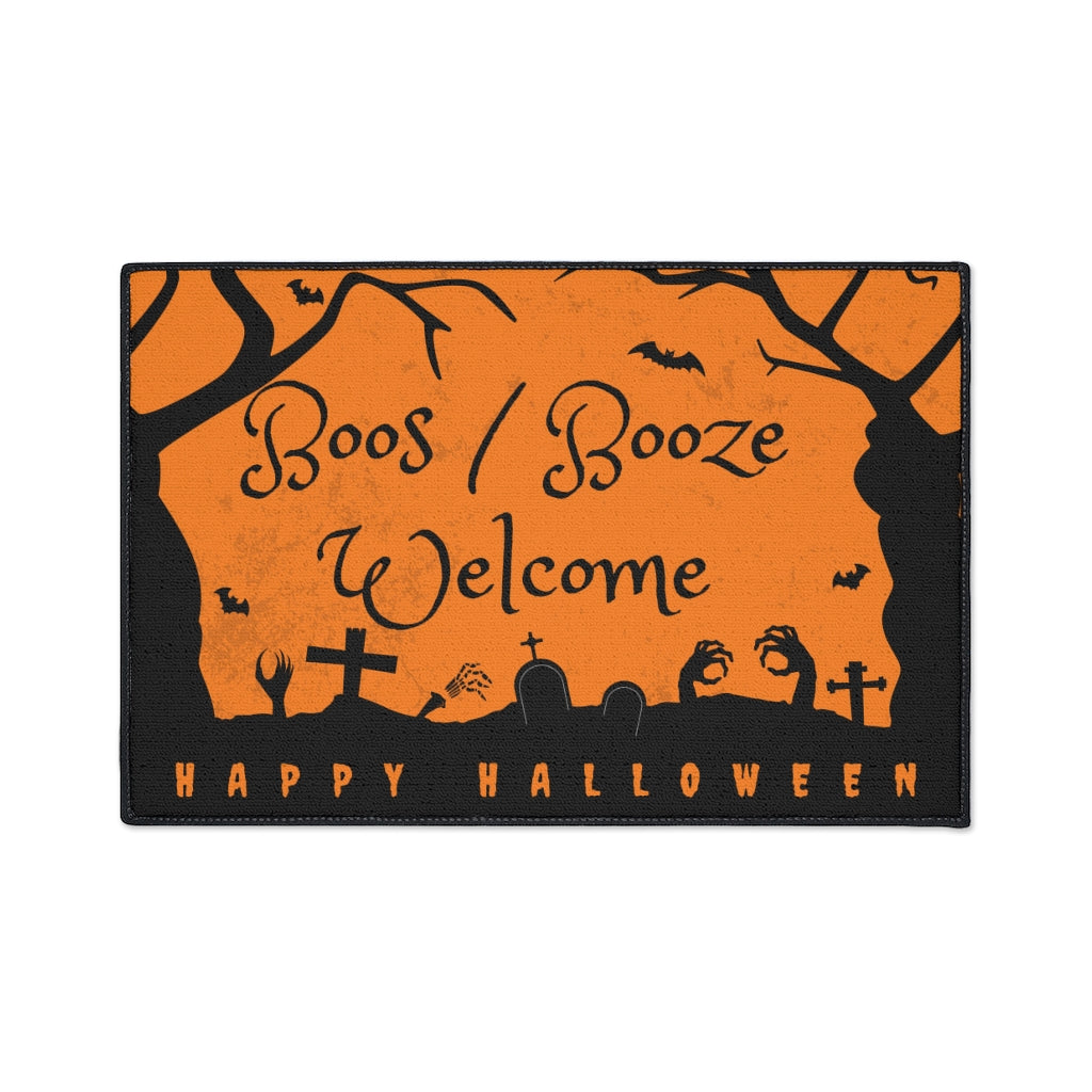 Boos/Booze Welcome Happy Halloween Door Mat - Orange Black Graveyard Scene Floor Mat