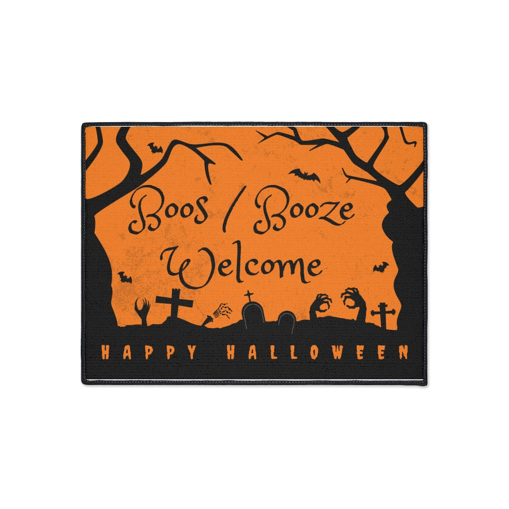 Boos/Booze Welcome Happy Halloween Door Mat - Orange Black Graveyard Scene Floor Mat