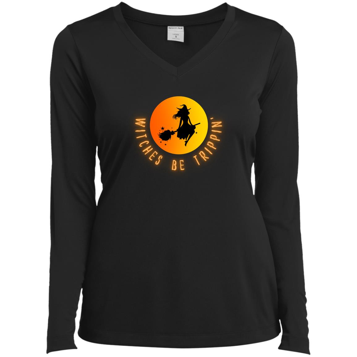 Witches Be Trippin' Ladies’ Long Sleeve Performance V-Neck Halloween Tee