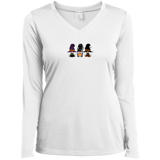 Three Little Gnomes - Halloween Ladies’ Long Sleeve Performance V-Neck Tee