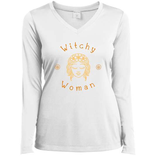 "Witchy Woman" Halloween Spirit Ladies’ Long Sleeve Performance V-Neck Tee