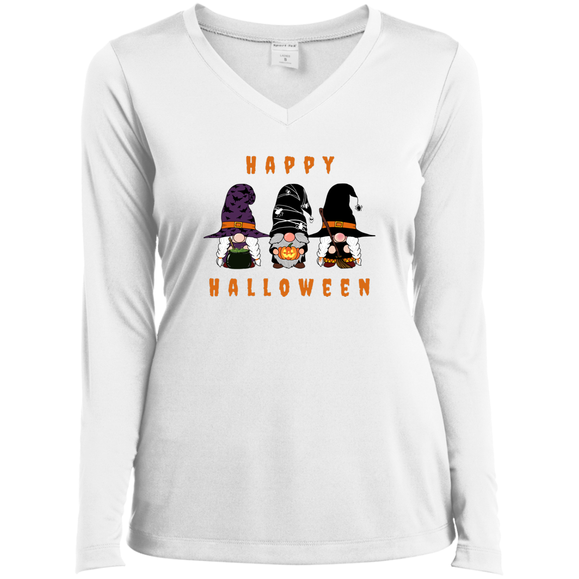 "Happy Halloween" Three Gnomes - Ladies’ Long Sleeve Performance V-Neck Tee
