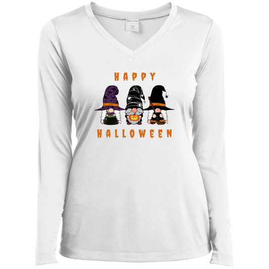 "Happy Halloween" Three Gnomes - Ladies’ Long Sleeve Performance V-Neck Tee