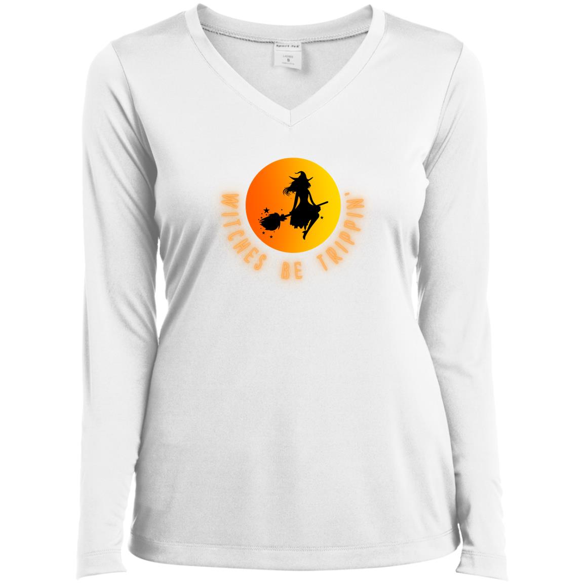 Witches Be Trippin' Ladies’ Long Sleeve Performance V-Neck Halloween Tee