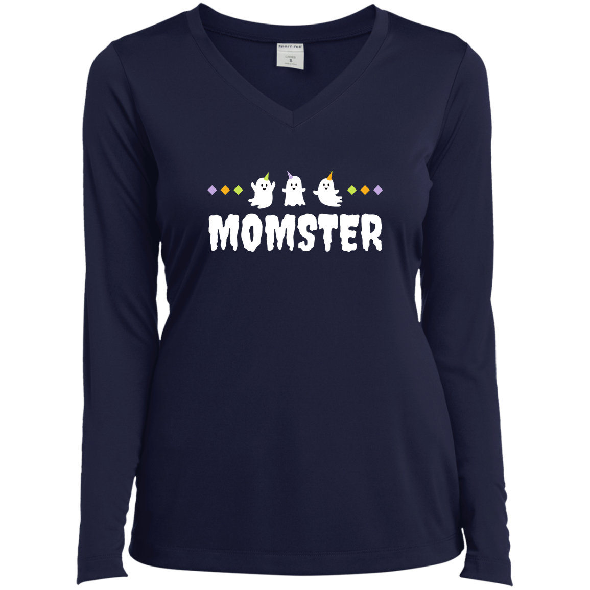 "Momster" - Halloween Ghost Trio Ladies’ Long Sleeve Performance V-Neck Tee