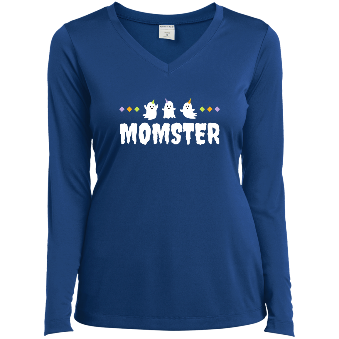 "Momster" - Halloween Ghost Trio Ladies’ Long Sleeve Performance V-Neck Tee