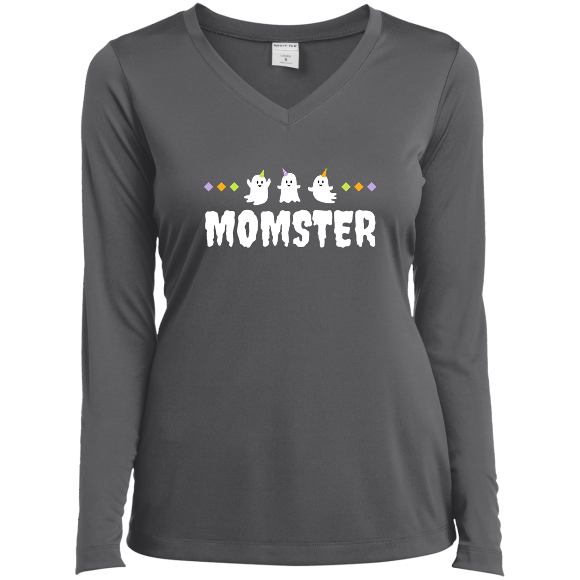 "Momster" - Halloween Ghost Trio Ladies’ Long Sleeve Performance V-Neck Tee