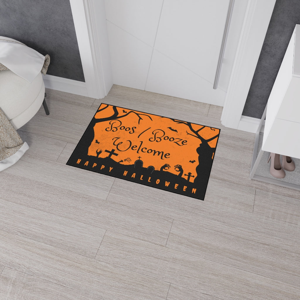 Boos/Booze Welcome Happy Halloween Door Mat - Orange Black Graveyard Scene Floor Mat