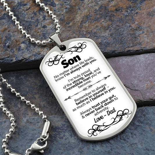 Son - Never Back Down - Love Dad - Military Style Dog Tag Necklace