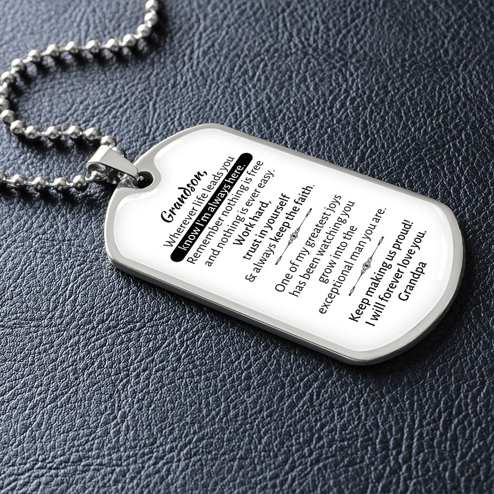 Grandson - Word hard, trust in yourself and always keep the faith - Military Dog Tag From Grandpa