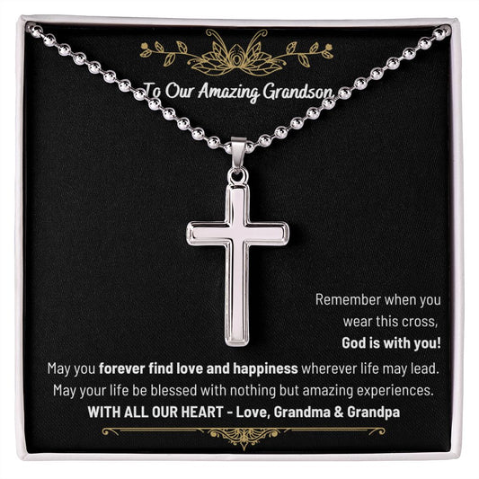 To Our Amazing Grandson - God is with you! Stainless Cross Necklace with Ball Chain