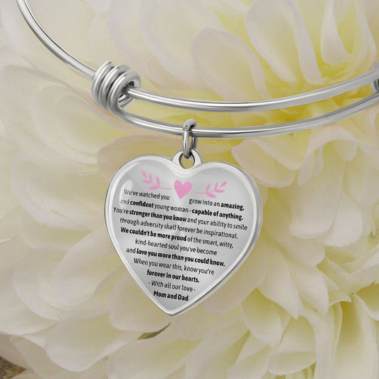 To Our Amazing, Confident Young Woman - Heart Pendant Bangle Bracelet