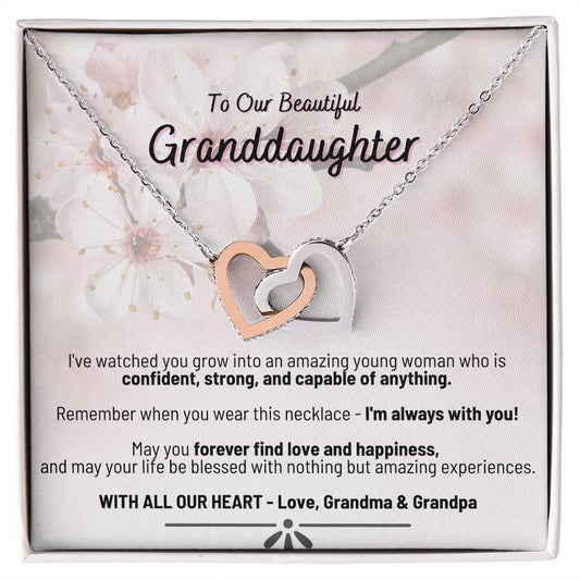 Cherry Blossom - To Our Beautiful Granddaughter - Love Grandma & Grandpa Interlocking Hearts Necklace