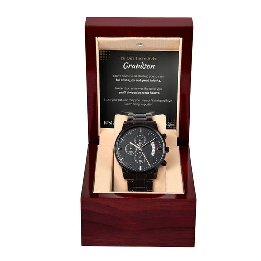To Our Incredible Grandson - With All Our Love - Grandma and Grandpa Black Chronograph Watch