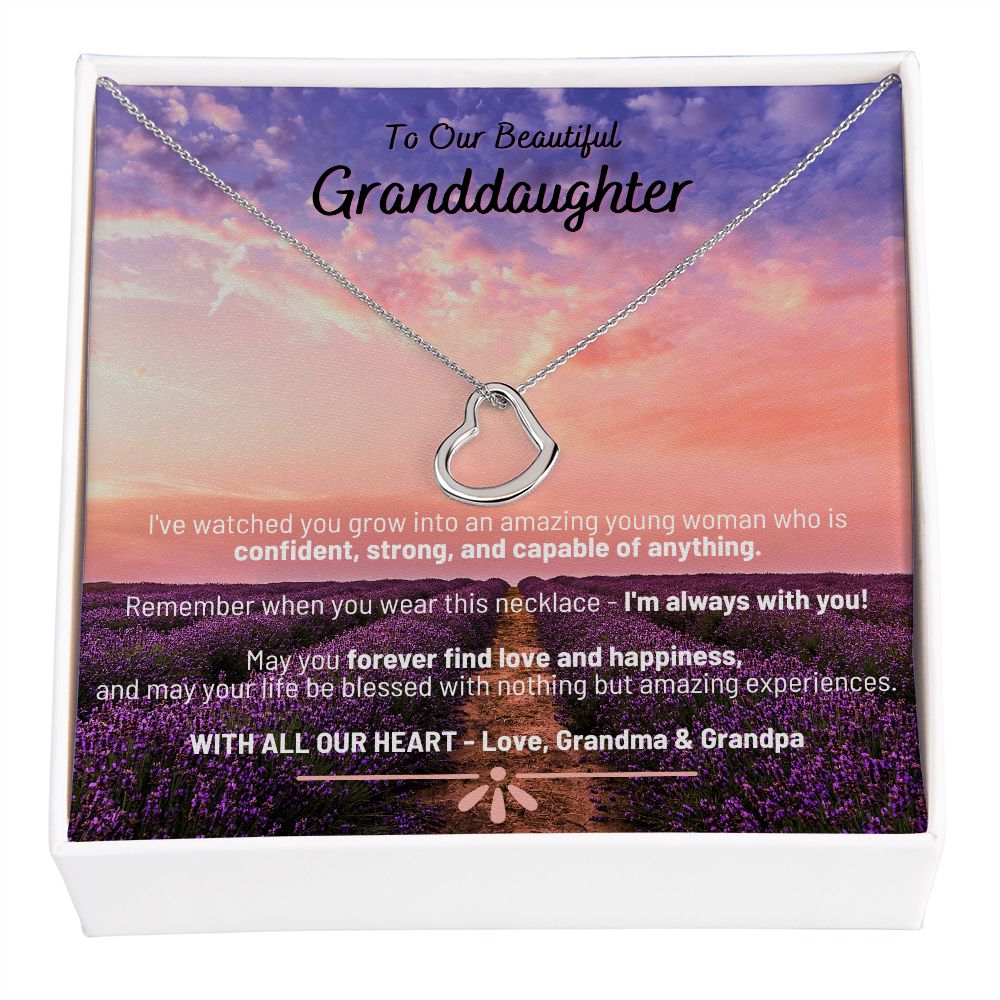 Lavendar Sunset - To Our Beautiful Granddaughter - Love Grandma & Grandpa - Delicate Heart Necklace