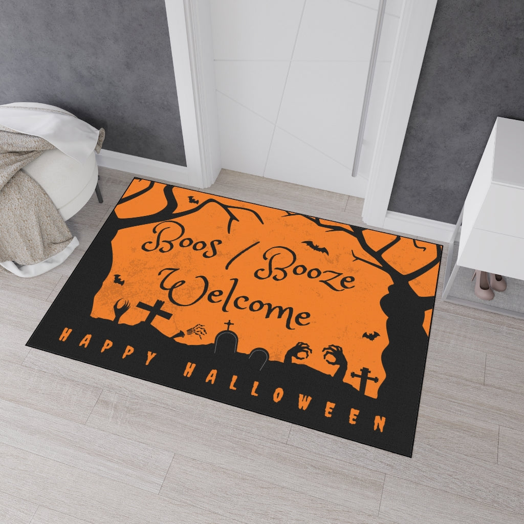 Boos/Booze Welcome Happy Halloween Door Mat - Orange Black Graveyard Scene Floor Mat