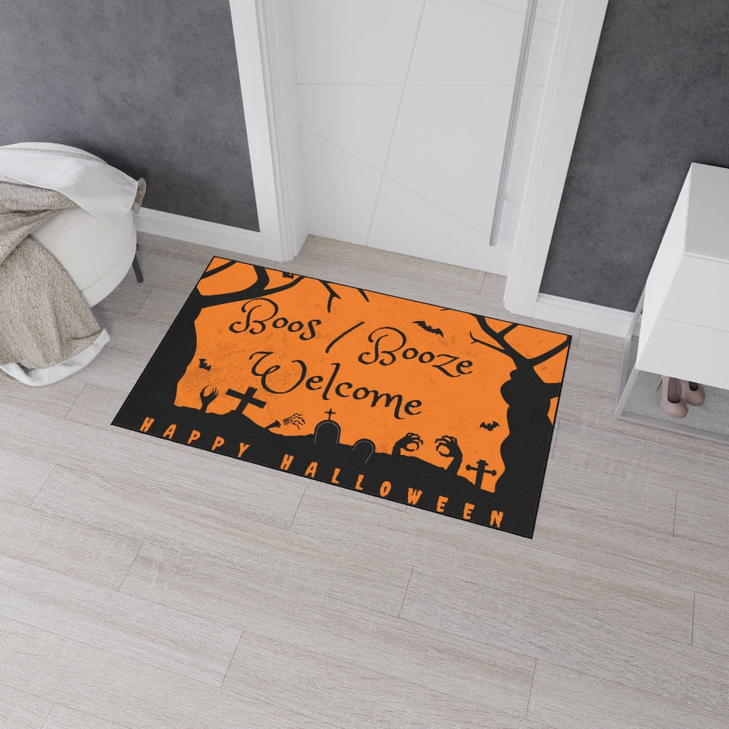 Boos/Booze Welcome Happy Halloween Door Mat - Orange Black Graveyard Scene Floor Mat