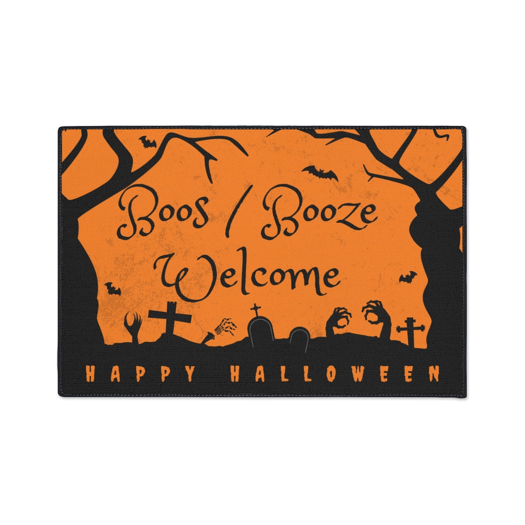 Boos/Booze Welcome Happy Halloween Door Mat - Orange Black Graveyard Scene Floor Mat